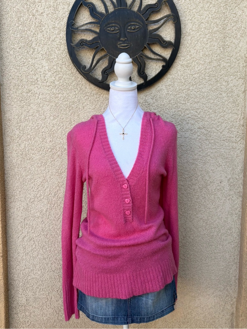 No Boundaries Hot Pink Hooded V Neck Heart Button Fuzzy Hooded Sweater Y2K Cozy
